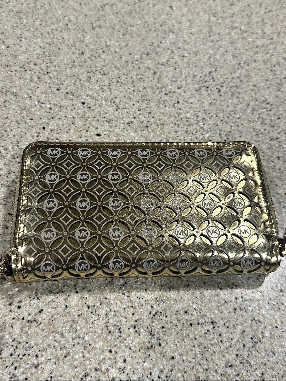 Michael Kors MK Flower Perf Leather Gold Wristlet Wallet NWT